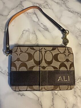 Coach Brown Signature Canvas Wristlet with Dark Trim - EUC Engraved with Ali